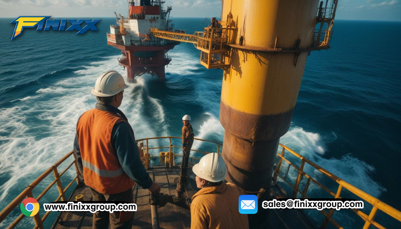 Offshore oil rig workers on a platform overlooking the ocean, with a drilling rig in the distance, by Finixx Group's petroleum operations.