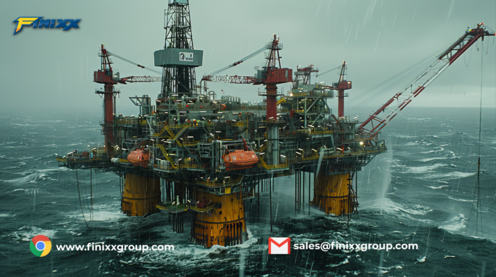 "Offshore oil rig in stormy ocean conditions, showcasing Finixx logo and contact details for petroleum drilling and exploration services."