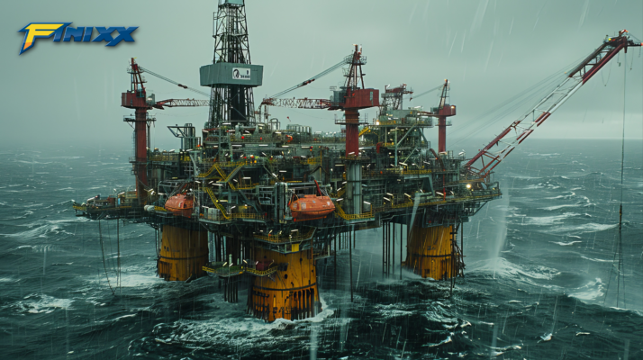 "Offshore oil rig in stormy ocean conditions, showcasing Finixx logo and contact details for petroleum drilling and exploration services."