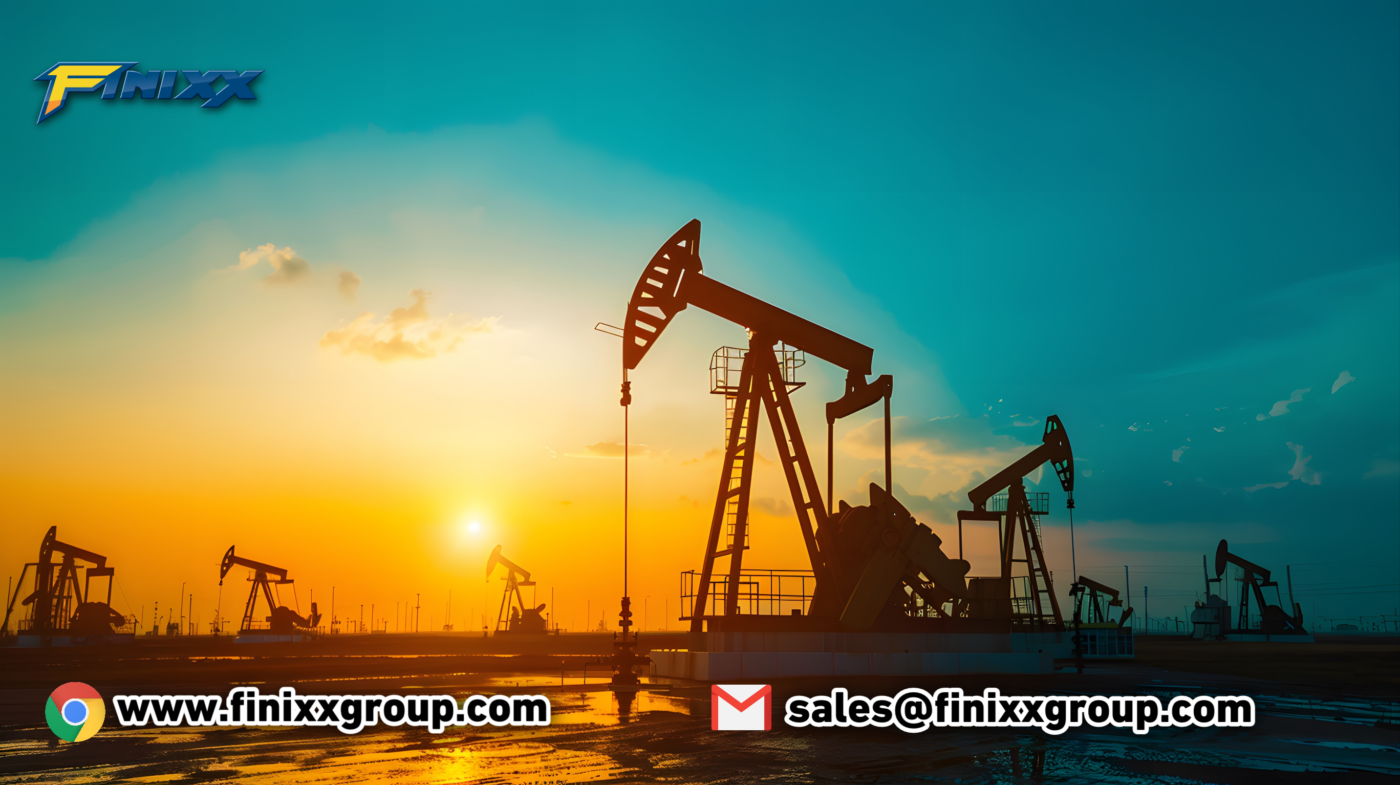 "Oil pump jacks during sunset with Finixx Group contact details"