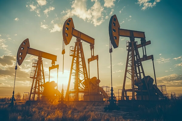 Three oil pumpjacks extracting petroleum at sunset, symbolizing the oil industry and energy production.