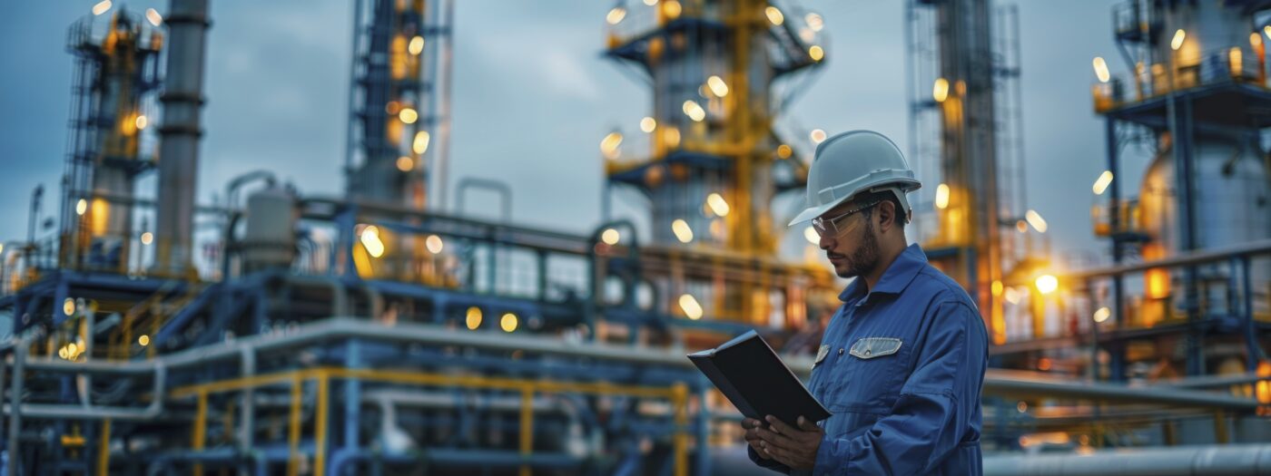 "Male engineer working at an oil refinery plant during the evening, checking documents with refinery towers in the background."