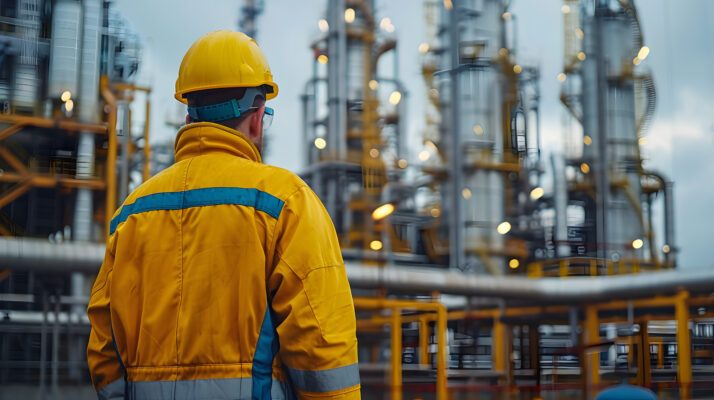 Worker in protective gear overlooking an oil refinery with pipelines and storage tanks, representing Saudi Arabia’s impact on global oil production and prices.