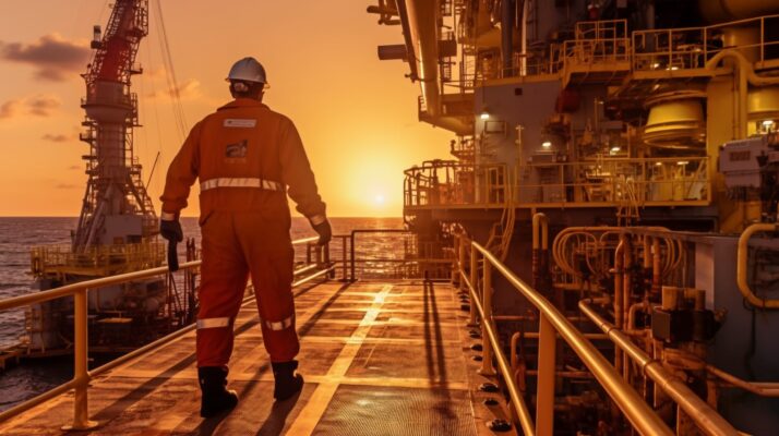 An offshore worker in an orange uniform stands on an oil platform, overlooking the sea and sunset, symbolizing the robust energy industry and the Dangote Refinery's role in Nigeria’s oil sector