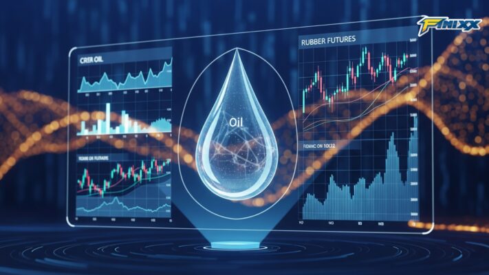 Futuristic interface showing oil and rubber market data charts