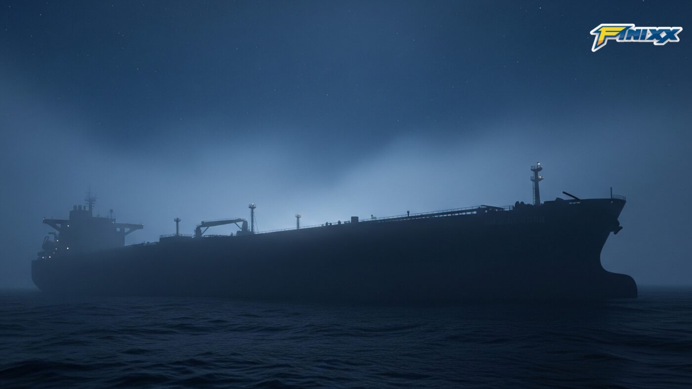 A shadowy oil tanker sailing through a foggy sea at night, representing Russia's clandestine 'shadow fleet' used to circumvent sanctions.